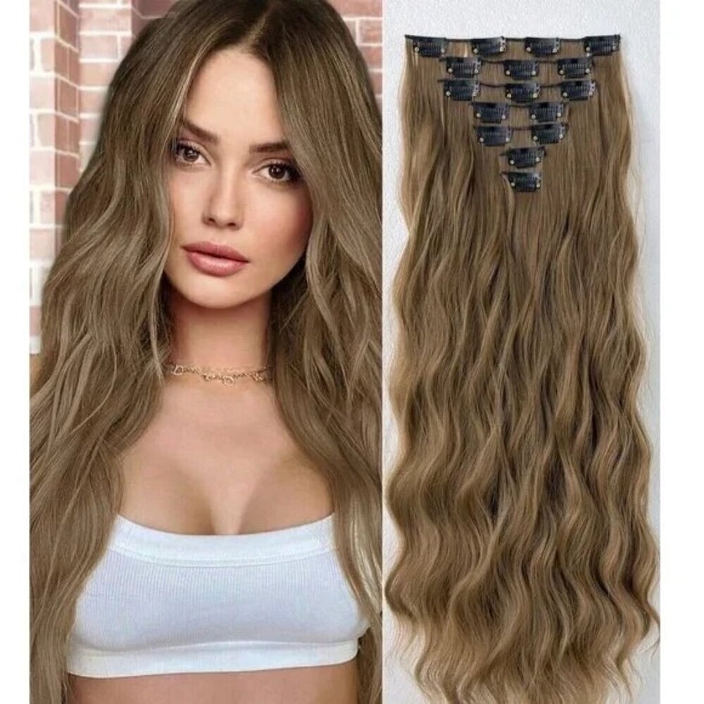Ash light Brown Clip in 22 in Hair Extensions in Water Wave Human hair blend